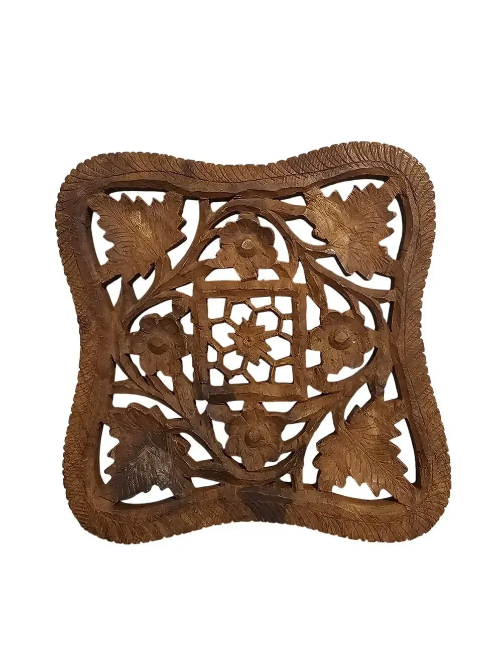 Vintage Hand Carved Wooden Trivet Indian Teak Hot Plate Boho Footed Wall Decor